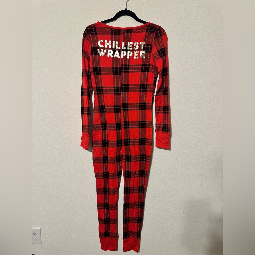 VS PINK onesie red flannel plaid holiday pj pajama s small CHILLEST